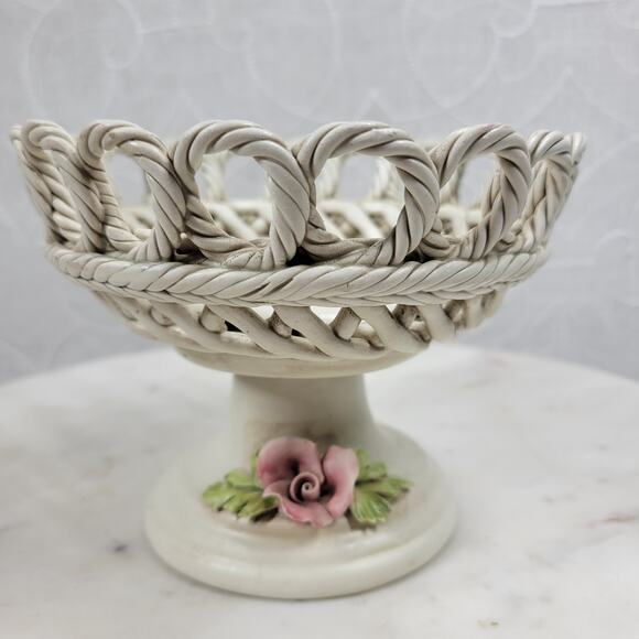 Vintage Capodimonte Pedestal Bowl 4.25" Pink Flower Woven Porcelain Basket - Picture 15 of 16